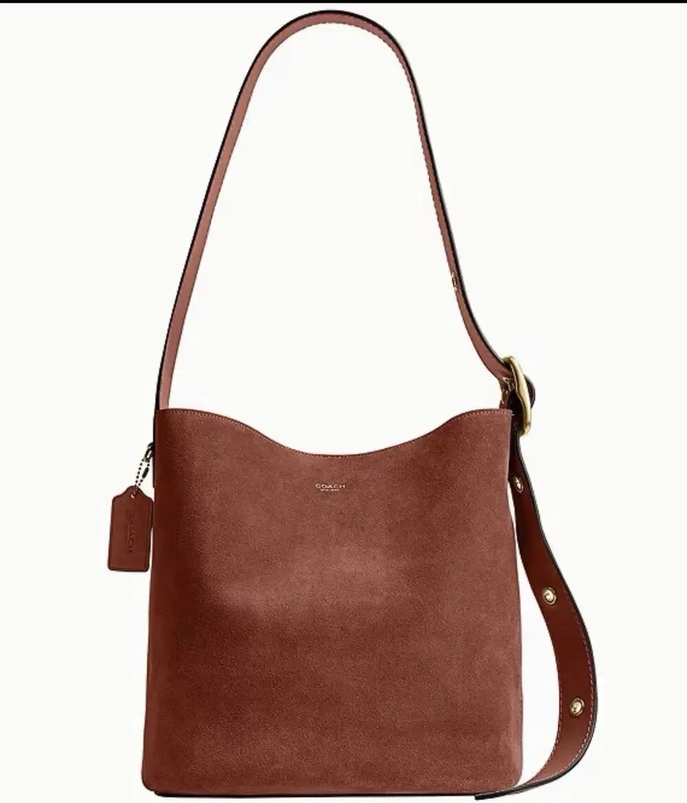 B2-010 Coach Bleecker Bucket Bag 21 & Pouch Suede/Brass/Warm Brown NWT